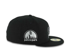 Load image into Gallery viewer, San Diego Padres New Era MLB 59FIFTY 5950 Fitted Cap Hat Black Crown/Visor Black/White Swinging Friar Logo Petco Park Stadium Side Patch