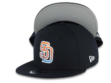 Load image into Gallery viewer, San Diego Padres New Era MLB 9FIFTY 950 Snapback Cap Hat Navy Blue Crown/Visor Orange/Royal Blue Gradient Logo Gray UV