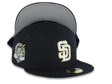 Load image into Gallery viewer, San Diego Padres New Era MLB 59FIFTY 5950 Fitted Cap Hat Navy Blue Crown/Visor White/Metallic Gold Logo 40th Anniversary Side Patch Gray UV