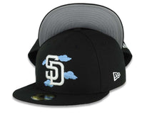 Load image into Gallery viewer, San Diego Padres New Era MLB 59FIFTY 5950 Fitted Cap Hat Black Crown/Visor White Logo With Sky Blue Clouds Gray UV