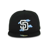 Load image into Gallery viewer, San Diego Padres New Era MLB 59FIFTY 5950 Fitted Cap Hat Black Crown/Visor White Logo With Sky Blue Clouds Gray UV