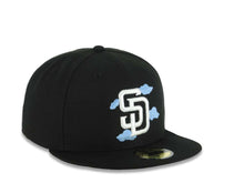 Load image into Gallery viewer, San Diego Padres New Era MLB 59FIFTY 5950 Fitted Cap Hat Black Crown/Visor White Logo With Sky Blue Clouds Gray UV