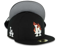 Load image into Gallery viewer, Los Angeles Dodgers New Era MLB 59FIFTY 5950 Fitted Cap Hat Black Crown/Visor White Logo With Metallic Gold Flame LA Side Patch Gray UV