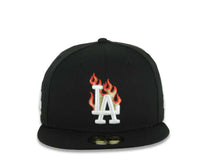 Load image into Gallery viewer, Los Angeles Dodgers New Era MLB 59FIFTY 5950 Fitted Cap Hat Black Crown/Visor White Logo With Metallic Gold Flame LA Side Patch Gray UV