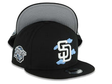 Load image into Gallery viewer, San Diego Padres New Era MLB 9FIFTY 950 Snapback Cap Hat Black Crown/Visor White Logo With Sky Blue Clouds 1998 World Series Side Patch Gray UV
