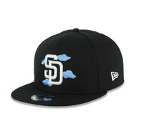 Load image into Gallery viewer, San Diego Padres New Era MLB 9FIFTY 950 Snapback Cap Hat Black Crown/Visor White Logo With Sky Blue Clouds 1998 World Series Side Patch Gray UV