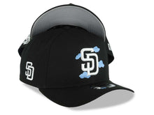 Load image into Gallery viewer, San Diego Padres New Era MLB 9FORTY 940 Adjustable A-Frame Cap Hat Black Crown/Visor White Logo With Sky Blue Clouds SD Side Patch Gray UV
