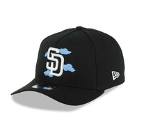 Load image into Gallery viewer, San Diego Padres New Era MLB 9FORTY 940 Adjustable A-Frame Cap Hat Black Crown/Visor White Logo With Sky Blue Clouds SD Side Patch Gray UV