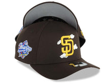 Load image into Gallery viewer, San Diego Padres New Era MLB 9FORTY 940 Adjustable A-Frame Cap Hat Brown Crown/Visor Yellow Logo White Clouds 1998 World Series Side Patch Gray UV