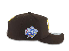 Load image into Gallery viewer, San Diego Padres New Era MLB 9FORTY 940 Adjustable A-Frame Cap Hat Brown Crown/Visor Yellow Logo White Clouds 1998 World Series Side Patch Gray UV