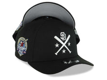 Load image into Gallery viewer, San Diego Padres New Era MLB 9FORTY 940 Adjustable A-Frame Cap Hat Black Crown/Visor White Bats Logo 40th Anniversary Side Patch Gray UV