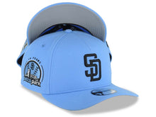 Load image into Gallery viewer, San Diego Padres New Era MLB 9FORTY 940 Adjustable A-Frame Cap Hat Sky Blue Crown/Visor Black Logo 10 Years Petco Park Side Patch Gray UV