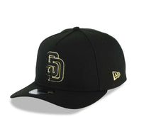 Load image into Gallery viewer, San Diego Padres New Era MLB 9FORTY 940 Adjustable A-Frame Cap Hat Black Crown/Visor Black/Metallic Gold Logo 40th Anniversary Side Patch Gray UV