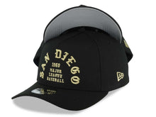 Load image into Gallery viewer, San Diego Padres New Era MLB 9FORTY 940 Adjustable A-Frame Cap Hat Black Crown/Visor Metallic Gold Text Logo 1969 Major League Baseball Gray UV