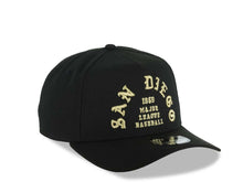Load image into Gallery viewer, San Diego Padres New Era MLB 9FORTY 940 Adjustable A-Frame Cap Hat Black Crown/Visor Metallic Gold Text Logo 1969 Major League Baseball Gray UV