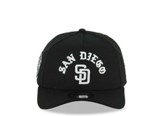 Load image into Gallery viewer, San Diego Padres New Era MLB 9FORTY 940 Adjustable A-Frame Cap Hat Black Crown/Visor White With Text/Script Logo 25th Anniversary Side Patch Gray UV