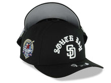 Load image into Gallery viewer, San Diego Padres New Era MLB 9FORTY 940 Adjustable A-Frame Cap Hat Black Crown/Visor White Logo With South Bay Text/Script 40th Anniversary Side Patch Gray UV