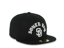 Load image into Gallery viewer, San Diego Padres New Era MLB 59FIFTY 5950 Fitted Cap Hat Black Crown/Visor White South Bay Text/Script Logo Gray UV