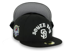 Load image into Gallery viewer, San Diego Padres New Era MLB 59FIFTY 5950 Fitted Cap Hat Black Crown/Visor White South Bay Script/Text Logo 40th Anniversary Side Patch Gray UV