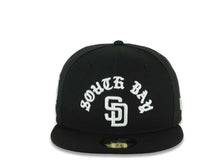 Load image into Gallery viewer, San Diego Padres New Era MLB 59FIFTY 5950 Fitted Cap Hat Black Crown/Visor White South Bay Script/Text Logo 40th Anniversary Side Patch Gray UV