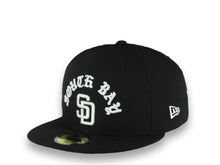 Load image into Gallery viewer, San Diego Padres New Era MLB 59FIFTY 5950 Fitted Cap Hat Black Crown/Visor White South Bay Script/Text Logo 40th Anniversary Side Patch Gray UV
