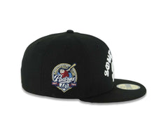 Load image into Gallery viewer, San Diego Padres New Era MLB 59FIFTY 5950 Fitted Cap Hat Black Crown/Visor White South Bay Script/Text Logo 40th Anniversary Side Patch Gray UV