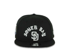 Load image into Gallery viewer, San Diego Padres New Era MLB 9FIFTY 950 Snapback Cap Hat Black Crown/Visor White South Bay Text/Script Logo 40th Anniversary Side Patch Gray UV