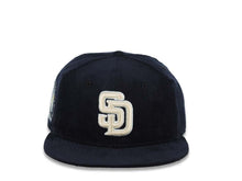 Load image into Gallery viewer, (Corduroy) San Diego Padres New Era MLB 59FIFTY 5950 Fitted Cap Hat Navy Blue Crown/Visor White Logo 10th Anniversary Petcopark Side Patch Gray UV