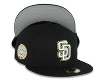 Load image into Gallery viewer, San Diego Padres New Era MLB 59FIFTY 5950 Fitted Cap Hat Black Crown/Visor White/Black/Metallic Gold Logo Aztec Crest Side Patch 619 Back Logo