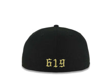 Load image into Gallery viewer, San Diego Padres New Era MLB 59FIFTY 5950 Fitted Cap Hat Black Crown/Visor White/Black/Metallic Gold Logo Aztec Crest Side Patch 619 Back Logo