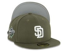 Load image into Gallery viewer, San Diego Padres New Era MLB 59FIFTY 5950 Fitted Cap Hat Olive Green Crown/Visor White Logo 1998 World Series Side Patch Gray UV