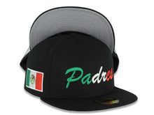 Load image into Gallery viewer, San Diego Padres New Era MLB 59FIFTY 5950 Fitted Cap Hat Black Crown/Visor Green/White/Red Script/Text Logo Mexico Flag Side Patch Gray UV