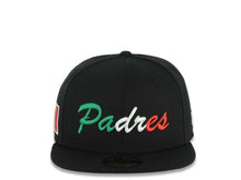 Load image into Gallery viewer, San Diego Padres New Era MLB 59FIFTY 5950 Fitted Cap Hat Black Crown/Visor Green/White/Red Script/Text Logo Mexico Flag Side Patch Gray UV