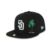 Load image into Gallery viewer, San Diego Padres New Era MLB 59FIFTY 5950 Fitted Cap Hat Black Crown/Visor White Logo With Palm 40th Anniversary Side Patch