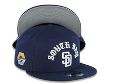 Load image into Gallery viewer, San Diego Padres New Era MLB 9FIFTY 950 Snapback Cap Hat Navy Blue Crown/Visor White With Script/Text Logo South Bay Pier Side Patch