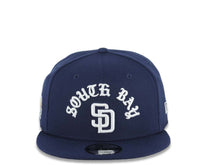Load image into Gallery viewer, San Diego Padres New Era MLB 9FIFTY 950 Snapback Cap Hat Navy Blue Crown/Visor White With Script/Text Logo South Bay Pier Side Patch