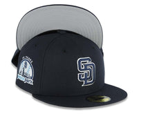 Load image into Gallery viewer, San Diego Padres New Era MLB 59FIFTY 5950 Fitted Cap Hat Navy Blue Crown/Visor Navy Blue/White Logo 10 Years Petcopark Side Patch Gray UV
