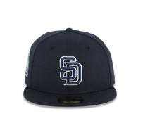 Load image into Gallery viewer, San Diego Padres New Era MLB 59FIFTY 5950 Fitted Cap Hat Navy Blue Crown/Visor Navy Blue/White Logo 10 Years Petcopark Side Patch Gray UV