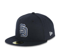 Load image into Gallery viewer, San Diego Padres New Era MLB 59FIFTY 5950 Fitted Cap Hat Navy Blue Crown/Visor Navy Blue/White Logo 10 Years Petcopark Side Patch Gray UV