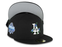 Load image into Gallery viewer, Los Angeles Dodgers New Era MLB 59FIFTY 5950 Fitted Cap Hat Black Crown/Visor White/Royal Blue Logo With Rose Stadium Side Patch