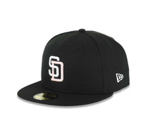 Load image into Gallery viewer, San Diego Padres New Era MLB 59FIFTY 5950 Fitted Cap Hat Black Crown/Visor White/Pink Logo 1998 World Series Side Patch Gray UV