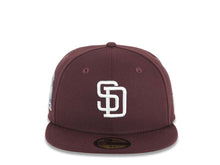 Load image into Gallery viewer, San Diego Padres New Era MLB 59FIFTY 5950 Fitted Cap Hat Maroon Crown/Visor White Flat Stitch Logo 10Years Petcopark Side Patch Gray UV