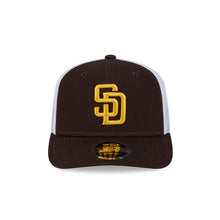 Load image into Gallery viewer, San Diego Padres New Era MLB 9SEVENTY 970 Stretch Snapback Low Profile Trucker/Mesh Cap Hat Brown Crown/Visor Yellow Logo Gray UV