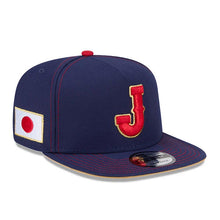 Load image into Gallery viewer, Japan New Era WBC World Baseball Classic 9FIFTY 950 Snapback A-Frame Cap Hat Navy Blue Crown/Visor Red/Metallic Gold Logo Japan Flag Side Patch