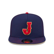 Load image into Gallery viewer, Japan New Era WBC World Baseball Classic 9FIFTY 950 Snapback A-Frame Cap Hat Navy Blue Crown/Visor Red/Metallic Gold Logo Japan Flag Side Patch
