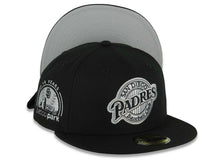 Load image into Gallery viewer, San Diego Padres New Era MLB 59FIFTY 5950 Fitted Cap Hat Black Crown/Visor Black/Gray Baseball Club Logo Petco Park 10 Years Side Patch Gray UV
