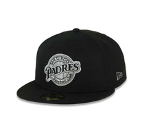 Load image into Gallery viewer, San Diego Padres New Era MLB 59FIFTY 5950 Fitted Cap Hat Black Crown/Visor Black/Gray Baseball Club Logo Petco Park 10 Years Side Patch Gray UV