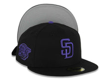 Load image into Gallery viewer, San Diego Padres New Era MLB 59FIFTY 5950 Fitted Cap Hat Black Crown/Visor Purple Logo 1998 World Series Side Patch Gray UV