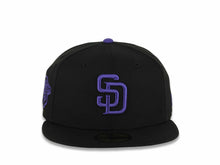 Load image into Gallery viewer, San Diego Padres New Era MLB 59FIFTY 5950 Fitted Cap Hat Black Crown/Visor Purple Logo 1998 World Series Side Patch Gray UV