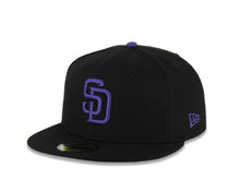 Load image into Gallery viewer, San Diego Padres New Era MLB 59FIFTY 5950 Fitted Cap Hat Black Crown/Visor Purple Logo 1998 World Series Side Patch Gray UV